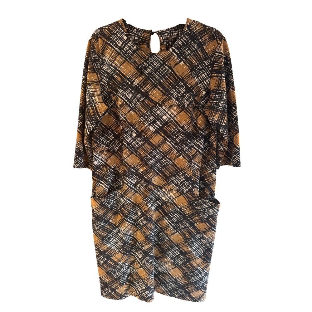J‎ McLaughlin Women's XL Brown Black White Plaid 3/4 Sleeve Knee Length Dress